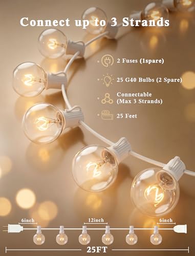 Abeja 25FT Outdoor White String Lights, G40 Globe Patio Lights with 27 Clear G40 Bulbs, Waterproof Hanging Outdoor Light for Backyard Porch Balcony Party Decor - White Wire - color: 25FT Amber White-White, size: 25FT