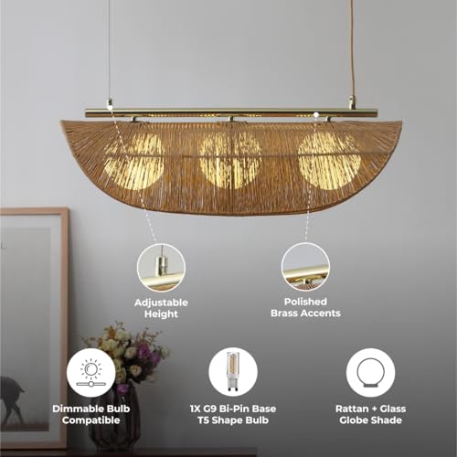Sovev 27.5 in. Brass Bohemian 3-Light Dimmable Pendant Light with Opal Glass Rattan Shade - color: Sovev - 3 Light