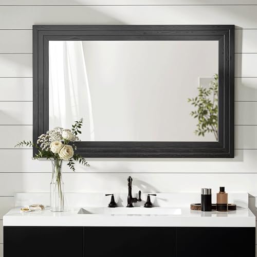 Wood Framed Mirrors for Wall, Black Bathroom Vanity Mirror for Over Sink 26 x 38, Vintage Wall Mirror for Bathroom Sink Hallway Entryway Bedroom Living Room Farmhouse Boho Style - color: Wooden Black, size: 38"L x 26"W