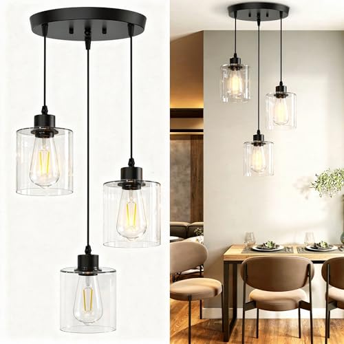 3 Light Pendant Lighting, Farmhouse Hanging Light Fixture for Kitchen Island & Dining Room, Industrial Vintage Ceiling Lamp with E26 Base, Adjustable Height, with Clear Glass 4.7" Shades - color: Round Base – Glass Pendant