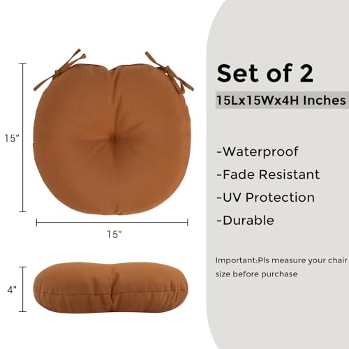Bistro Chair Cushions 15 inch,Set of 2,Tufted Round Chair Cushions with Ties,15"x15"x4",Water Resistant Round Seat Cushion for Barstool Chairs,Patio Garden Kitchen Outdoor Furniture(Caramel Orange) - color: Caramel Orange, size: 15"x15"
