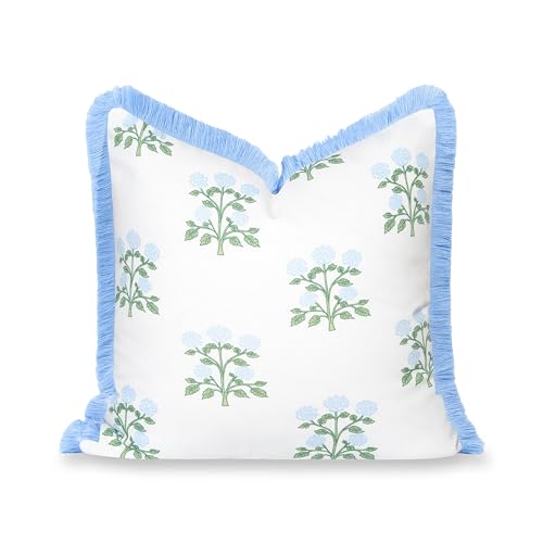 Hofdeco Premium Grandmillennial Coastal Hampton Patio Indoor Outdoor Throw Pillow Cover Only, 20"x20" Water Repellent for Backyard, Couch, Poolside, Baby Blue Green Print Hydrangea Flowers - color: Baby Blue Green Hydrangea Flowers 20"x20"