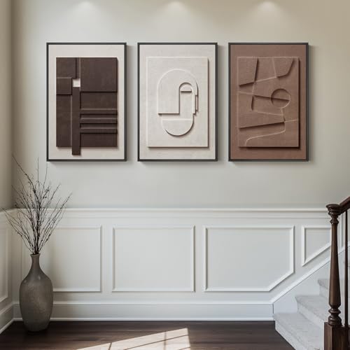 3D Textured Framed Neutral Abstract Wall Art for Bedroom, 3 Piece Modern Artwork for Walls, Minimalist White and Brown Geometric Wall Paintings for Living Room, Dining Room, Lounge Wall Decor 16x24 In - color: Brown White, size: 16"w X 24"h X 3pcs