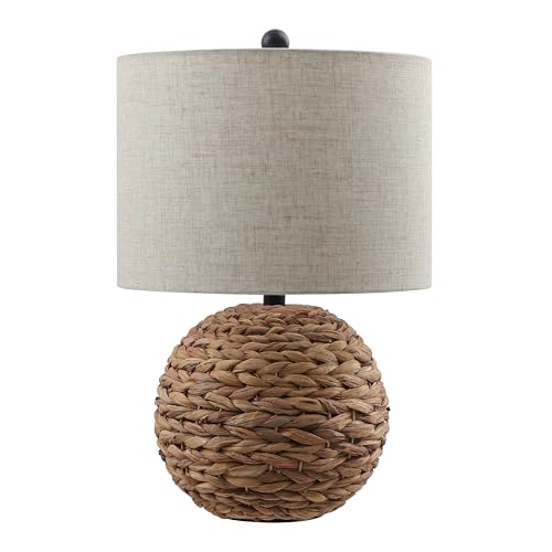 JONATHAN Y 21.5" Brown Modern Coastal Woven Rattan Globe LED Table Lamp for Bedroom, Oatmeal Linen Drum Shade, LED Bulb Included, Rustic Bedside Lamp for Living Room JYL6514A - color: Brown