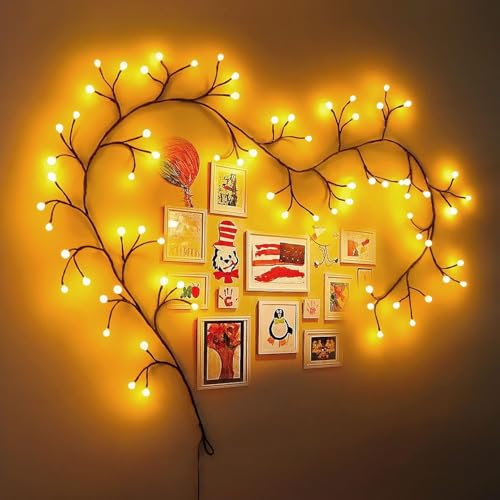 Willow Vine Lights for Window Frame: 7.9Ft Decorations Willow Vine Fairy Lights for Wall Bedroom Fireplace Decor - 72 Warm LED Bendable DIY Enchanted Vines with Light for Living Room Decor - color: 72 spherical LED lights, brown vine, without remote contr