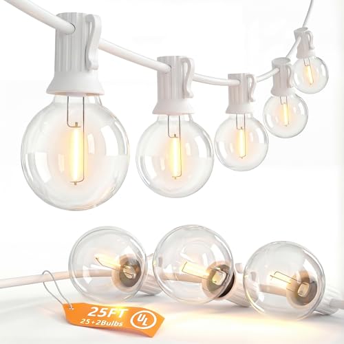 SUNSGNE 25FT G40 LED White Outdoor String Lights, White Patio Lights with 25 Shatterproof LED Clear Globe Bulbs for Patio Garden Porch Pergola Bistro Outside Decor - color: Warm White-White, size: 25FT