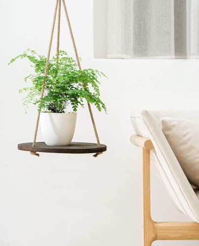 Dahey Hanging Plant Shelf Round Wood Rope Hanging Floating Shelf Vintage Home Decor Display Planter Rack for Living Room Bedroom Kitchen, Dark Brown - color: Brown