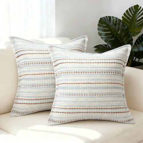Mantle & Mason Boho Farmhouse Throw Pillow Covers 20x20 Set of 2, French Vintage Slate Blue Couch Pillow Covers, Jacquard Decorative Pillow Covers for Living Room Decor - color: Stripe Blue, size: 20" x 20" (Pack of 2)