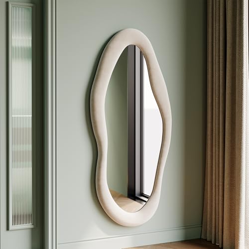 Honyee 55" x 24" Wall Mirror, Flannel Wrapped Wooden Frame Wavy Mirror, Irregular Mirror Hanging for Cloakroom/Bedroom/Living Room, Ivory White - color: Ivory White, size: 55"L x 24"W
