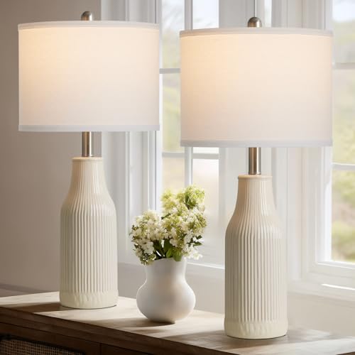 24.5" Ceramic Table Lamps Set of 2, Modern Farmhouse Bedside Lamps for Bedroom Nightstand, Small Table Lamp for Living Room End Table, Beige (2 LED Bulbs Included) - color: Beige - 24.5"H
