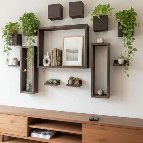 LaLaGreen Wooden Floating Shelves (13-Piece Set) Wall Mounted Plant Shelf, Planter Boxes for Indoor Plants, Decorative Wood Display Shadow Box Kitchen, Bathroom, Bedroom, Living Room, and Home Decor - size: 13-pc set