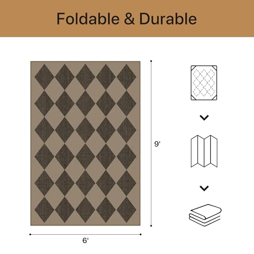 GENIMO Indoor Outdoor Area Rug 6'x9', Checkered Easy Jute Rug Machine Washable, Easy-Cleaning, Non Slip Geometric Diamond Outdoor Carpet for Patio, Living Room, Backyard, Porch, Deck, Balcony - color: Smooth Diamond, size: 6' x 9' (Rectangular)
