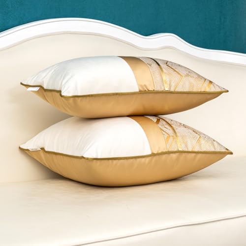 Alerfa 20 x 20 Inch Khaki White Geometric Striped Gold Leather Patchwork Velvet Cushion Case Luxury Modern Lumbar Throw Pillow Cover Decorative Pillow for Couch Sofa Living Room Bedroom Car - color: Khaki, size: 20" x 20" (Pack of 1)