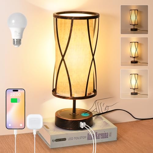 Distressed Table Lamps for Living Room, 3 Way Dimmable Touch Lamps, Small Bedside Lamps with LED Bulbs, USB Ports C+A, Nightstand Lamp for Kids Room, Bedroom, Office (2 Pack Iron) - size: 2 Pack Iron