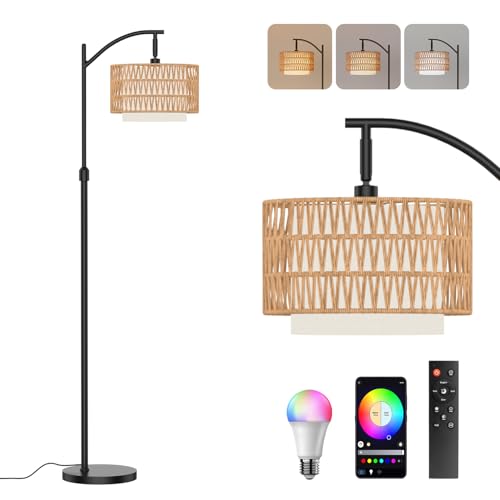 Boho Floor Lamp - Arched Floor Lamps for Living Room, Farmhouse Floor Lamp with 3 Color Temperature Black Standing Lamp with Rattan & Fabric Double Shade Bohemian Rattan Floor Lamps for Bedroom Office - size: Upright-Lantern Shade