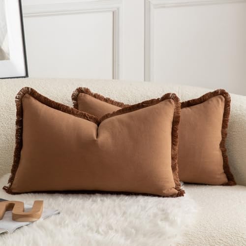 MANDIOO Set of 2 Neutral Cotton Fringe Throw Pillow Covers Decorative Boho Farmhouse Cushion Covers Cozy Tassels Pillowcase for Couch Sofa Bedroom Living Room Home Decor 12x20 Inch Brown - color: Brown, size: 20" x 12" (Pack of 2)
