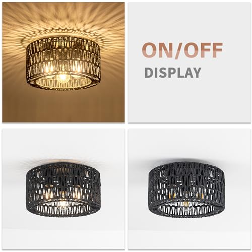 Rattan Ceiling Light Fixture, 3-Light Bohemian Modern Woven Ceiling Light, Black Boho Flush Mount Ceiling Light for Bedroom Living Room Dining Room, Bulb Not Included - color: Black, size: 3-Light-Round
