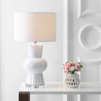 JONATHAN Y 28.5" White Ceramic Table Lamp for Living Room Bedroom Nightstand, Modern Hourglass LED Bedside Lamp with Crystal Base and Linen Shade JYL4027A - color: White