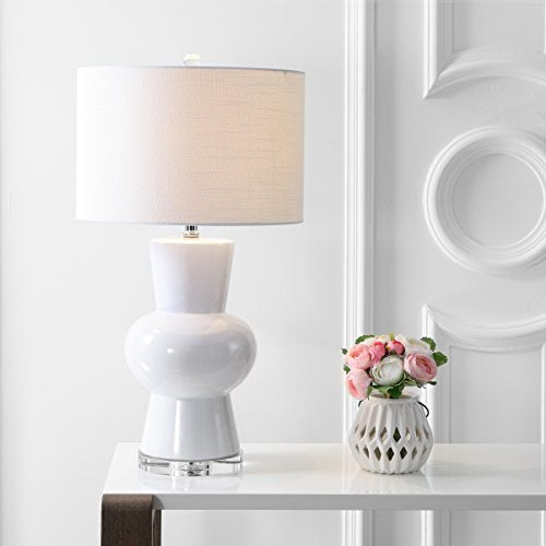 JONATHAN Y 28.5" White Ceramic Table Lamp for Living Room Bedroom Nightstand, Modern Hourglass LED Bedside Lamp with Crystal Base and Linen Shade JYL4027A - color: White