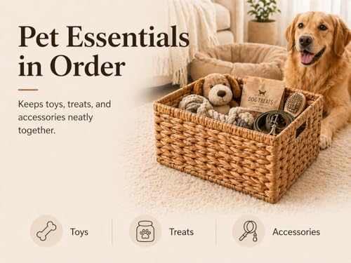 Wicker Storage Basket, Water Hyacinth Basket for Organizing, Rectangular Wicker Storage Baskets for Shelves, Small Wicker Basket with Built-in Handles, Natural, 12.6 x 8.66 x 6.3 Inch