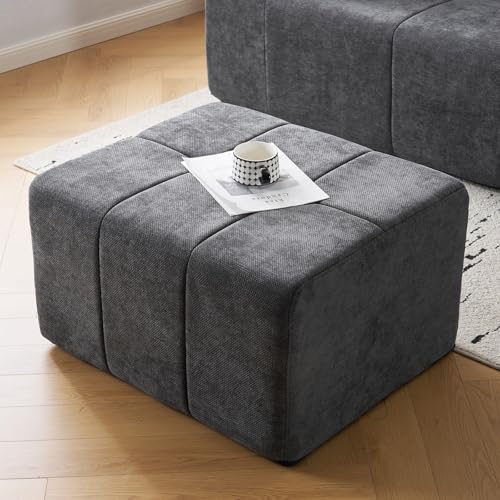 Square Stuffed Pouf Ottoman,Chenille Poufs with Foam Chunk Filling, 27.9 X 16.1 Floor Poufs for Sofa,Accent Foot Rest Stool for Living Room, Grey - color: Grey