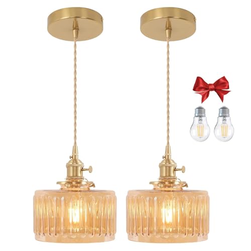 Amber Striped Glass Pendant Light, 2 Natural Light Bulbs Included, Adjustable Cord with Switch, Suitable for Kitchen Island/Dining Room - color: Amber 2pcs Ribbed Glass Pendant Light