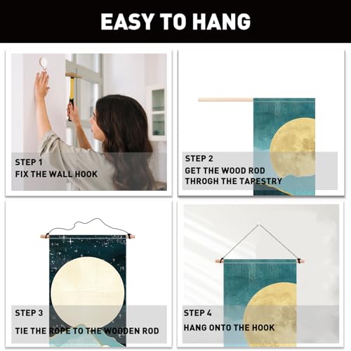 PLIGREAT 2 Pack Moon Mountain Long Tapestry, Forest Tree Narrow Vertical Wall Hanging Starry Night Sky Wall Tapestry Aesthetic Nature Landscape Tassels for Living Room Home Decor - color: Green and Black