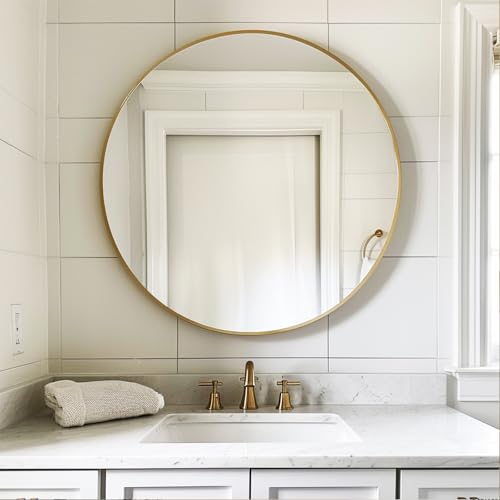 Sunniry Gold Round Mirror, Circle Mirror 26 inch, Gold Circle Mirrors Brushed Metal Frame, Round Mirrors for Wall, Living Room, Bathroom, Entryway, Rustic. - color: Gold, size: 26"L x 26"W