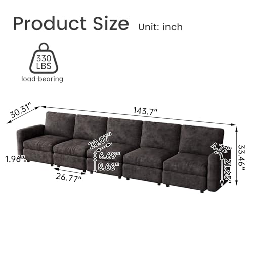 Guyii 143" Modular Sectional Sofa 5 Seater Couch Comfy Sofa Dark Gray Sofa Soft Cushion for Living Room Bedroom - color: Dark Gray, size: 5 seater