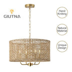 Rattan Drum Chandeliers for Dining Room, 4-Light Bohemian Hand-Woven Farmhouse Pendant Light Dining Room Light Fixture Chandelier for Entryway Living Room Kitchen Stairway Bedroom Hallway(Gold) - color: Gold 4-Light Drum
