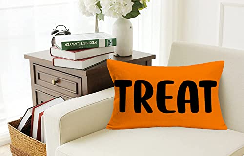Halloween Lumbar Pillow Covers 12x20 Inch Black Orange Halloween Treat Quotes Throw Pillow Cases Autumn Farmhouse Decorations Cushion Cover Cotton Linen - color: Treat