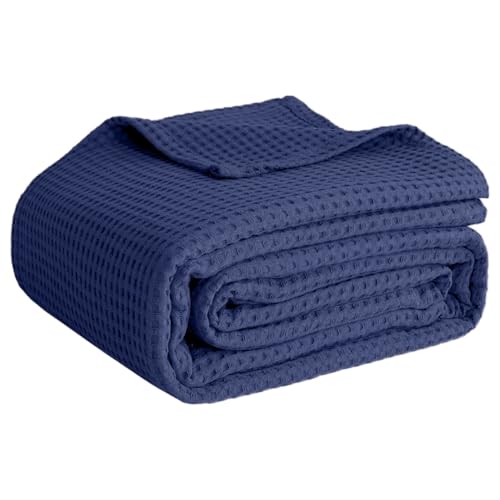 100% Cotton Blankets for Bed - Waffle Weave Blankets for Summer, Lightweight and Breathable Soft Woven Blanket for Spring (Navy, King (90" x 108")) - color: Navy, size: King (90" x 108")