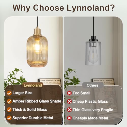 2 Pack Amber Cylinder Pendant Lights Kitchen Island with Ribbed Lampshade, Brushed Gold Hanging Light Fixture, Adjustable Pendant Lighting for Kitchen Island Sink Dining Room (Bulbs Not Included) - color: 2 Pack Brushed Gold + Amber Glass