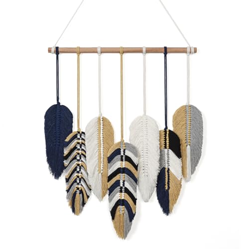 Betylifoy Macrame Leaf Wall Hanging, Boho Wall Decor, Handmade Woven Leaf Feather Boho Tapestry Bohemian Chic Wall Art Decor for Bedroom Living Room Nursery Apartment Backdrop - color: Blue Yellow