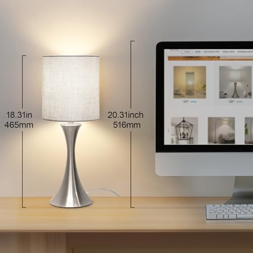 3 Way Touch Control Table Lamp, Dimmable Bedside Desk Lamp with Metal Base Modern Nightstand Lamp Stylish Grey Shade Simple Side Table Lamp for Bedroom, Living Room, Office or Den LED Bulb Included - color: Silver Base with Gray Shade