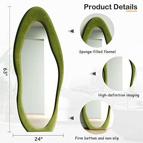 Honyee Full Length Mirror, 63" x 24" Wall Mirror, Flannel Wrapped Wooden Frame Floor Mirror, Irregular Wavy Mirror Hanging or Leaning Against Wall for Cloakroom/Bedroom/Living Room, Green - color: Green, size: 63"L x 24"W