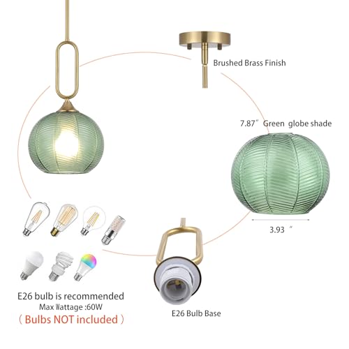 Green Glass Pendant Light Set of 2 Modern Globe Pendant Lighting Nordic Ribbed Gold Ceiling Hanging Chandelier with Brushed Brass Adjustable Rods Dining Room Kitchen Island Light Fixture - color: Gold-Green 2 Pack