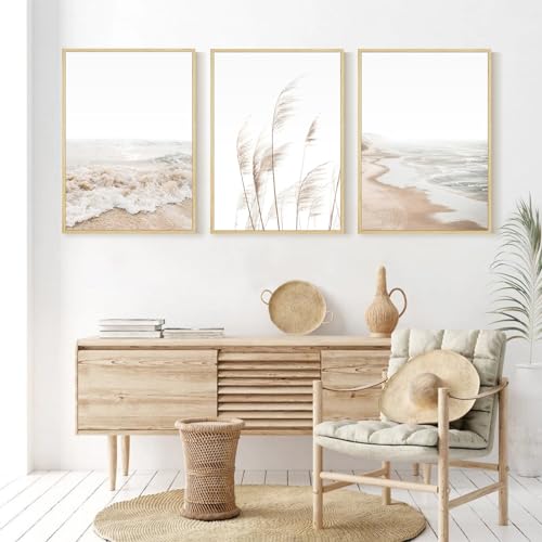 Beach Wall Art Boho Prints Coastal Canvas Wall Art FRAMED Beach Pictures Pampas Grass Ocean Poster Plant Landscape Scene Artwork for Living Room Bedroom Decor 12x16 Inch Set of 3 - color: Beach Art Prints, size: 16"L x 12"W