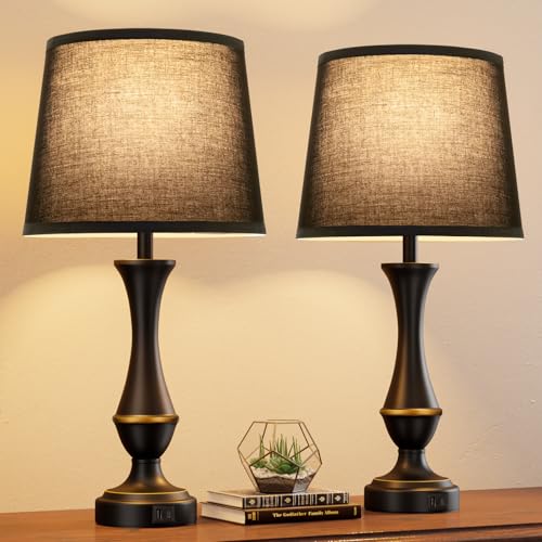 Seealle Upgraded Touch Lamps for Night Stands Set of 2 - Bedside Lamps with USB C+A, 3 Way Dimmable for Bedroom Living Room End Tables Office (Black) - color: K. Black Shade & Black Base, size: Medium（22 In）
