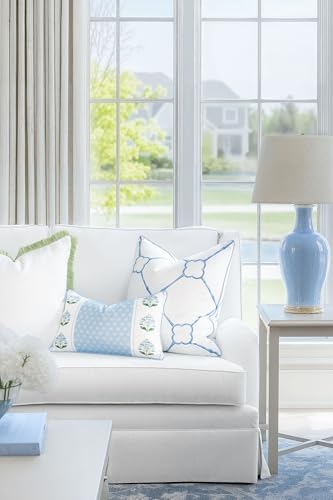 Hofdeco Premium Grandmillennial Coastal Hampton Patio Indoor Outdoor Lumbar Pillow Cover Only, 12"x20" Water Repellent for Backyard, Couch, Poolside, Blue Green Block Print Striped Lily of the Valley - color: Baby Blue Green Block Print Striped Lily of th