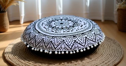 CRAFT KALA 32" Large Round Bohemian Floor Pillow Cover Boho Pouf Cover Mandala Meditation Room Pillows Cover Adults Seating Poufs Cushion Cover for Kids Reading Playroom Black Flower - color: Black Flower