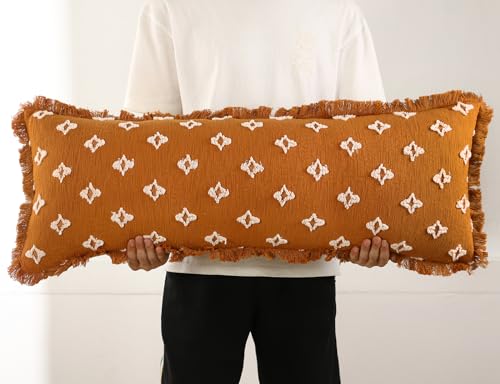 Boho Long Lumbar Pillow Cover 14x36 with Tassel Fringe,3D Flower Patterned Extra Decorative Long Lumbar Pillow Cover Case for Sofa Couch Bed Livingroom Farmhouse,Rust Red - color: Rust Red, size: 36" x 14" (Pack of 1)