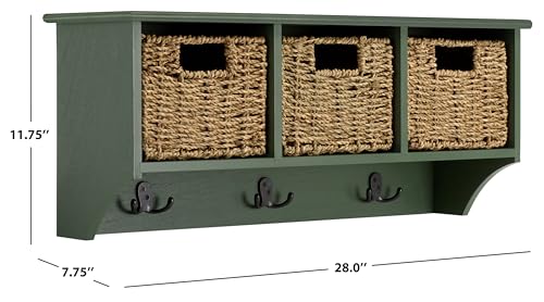 SAFAVIEH Home Collection - Finley Dusty Green Wall Mounted 3-Basket Storage Rack with Hooks & Seagrass Baskets (HAC5700G) - color: Dusty Green