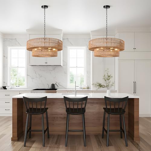 26 Inch Boho Rattan Chandelier, 6-Lights Hand Woven Bohemian Chandeliers with 2-Tier Drum Wicker Shade, Modern Farmhouse Large Pendant Light Fixture for Dining Room Living Entryway Bedroom - color: Black Metal, size: 26 Inch