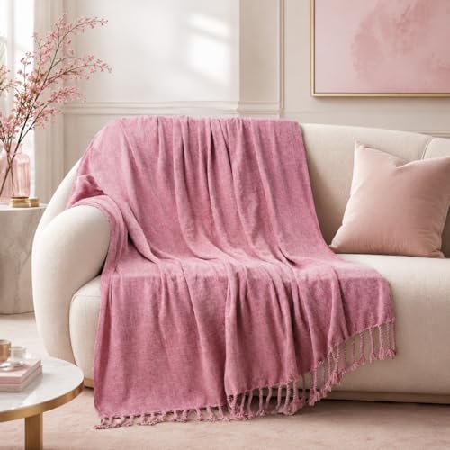 BATTILO HOME Pink Chenille Throw Blanket for Couch, Soft Cozy Textured Knit Throw Blanket with Handmade Fringe Tassels, Lightweight Decorative Farmhouse Blanket for Sofa Bed Chair, 50"x60" - color: Blush