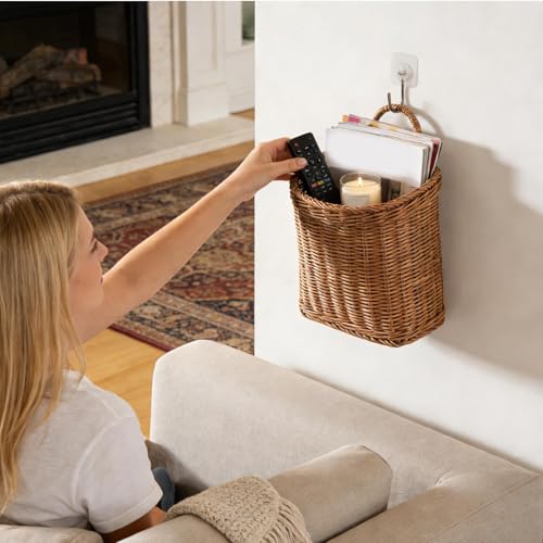 Wall Basket Decor | Farmhouse Flower Storage Ornament | Woven Artificial Rattan Decorative Wall Baskets | For Indoor Outdoor Kitchen Nursery Front Door Home