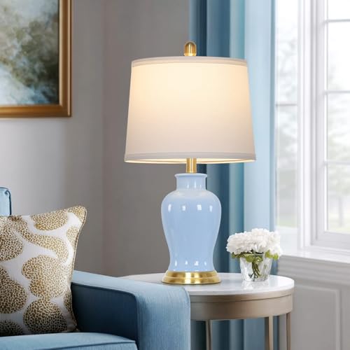 23" Modern Blue Ceramic Table Lamps Set of 2, Coastal Ceramic Lamps for Living Room, Classic Bedside Lamp with Ginger Jar Design, Elegant Bedroom Lamp for Night stand Desk Side End Table Home Decor - color: Blue