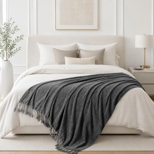 BATTILO HOME Dark Gray Chenille Throw Blanket for Couch, Soft Cozy Textured Knit Throw Blanket with Handmade Fringe Tassels, Lightweight Decorative Farmhouse Blanket for Sofa Bed Chair, 50"x60" - color: Dark Grey