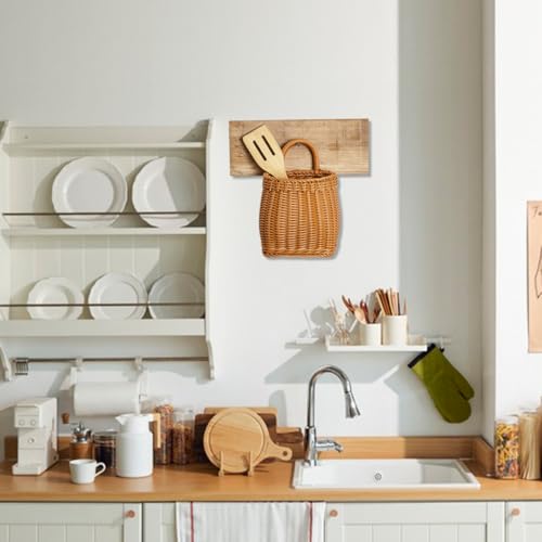 Imitation Rattan Woven Basket Wall Hanging Storage Organizer with Handle for Kitchen Herbs Fruits Vegetables and Home Decor 9.6X6.1X4.3 Inch