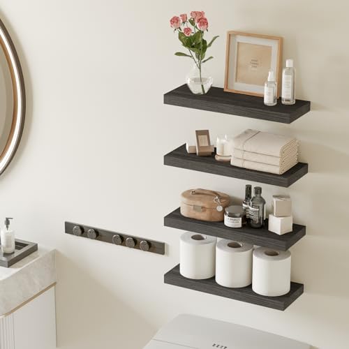 Fixwal 15.7in Floating Shelves, Rustic Wood Finish Wall Shelves Set of 4, Shelves for Wall Decor, with Invisible Brackets for Bathroom, Living Room,Bedroom and Kitchen(Gray) - color: Grey, size: 15.7in